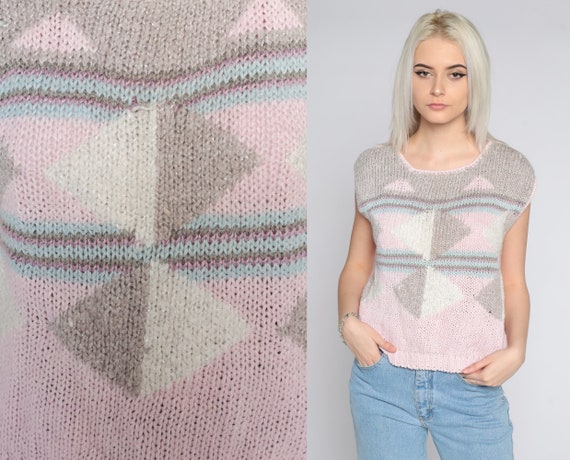 Geometric Sweater Top 80s Baby Pink Knit Top Short Cap Sleeve Pastel Color Block Top 1980s Graphic Vintage Sweater Medium