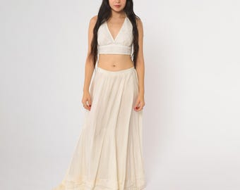 50s Prairie Skirt Cream Lace Tiered Maxi Cottagecore Victorian High Waist Romantic Ruffles Pastel Soft Long Flowing Dreamy Ethereal Small S