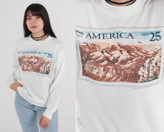 Puas America Stamp Sweatshirt 90s Grand Canyon Sweatshirt 25 Cent Stamp Slouchy Sweat Shirt Vintage 1990s White Distressed Small Medium