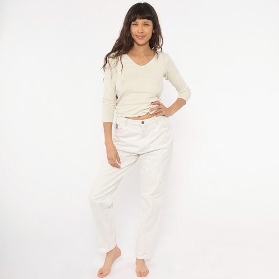 White Wrangler Jeans 90s Cotton Denim Straight Leg High Waisted Ivory Pants Cream Tapered Trousers Vintage Mom Casual Bottoms Women's 29