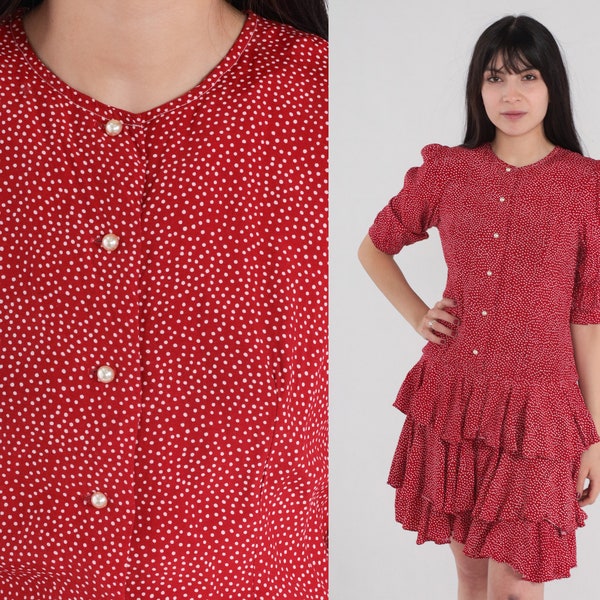 Red Flounce Dress 80s 90s Polka Dot Mini Dress Pearl Button Up Puff Sleeve Ruffle Tiered Low Drop Waist Retro Cute Vintage 1990s Small S