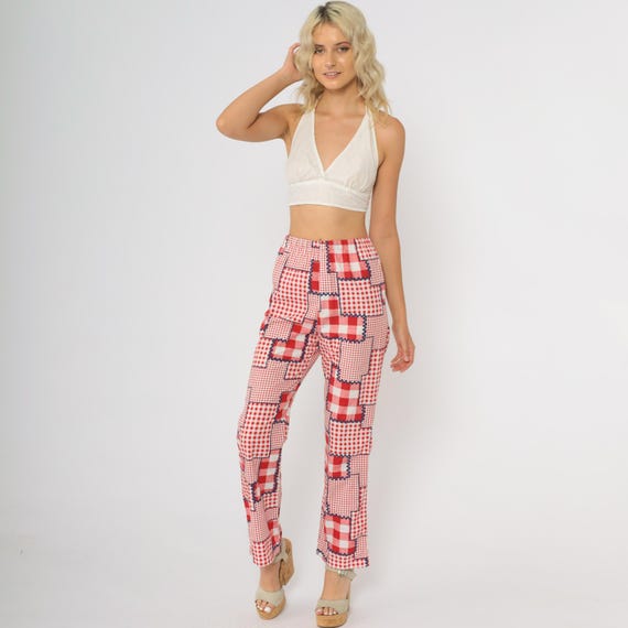 70s Patchwork Pants Red Gingham Check Vintage Hig… - image 3