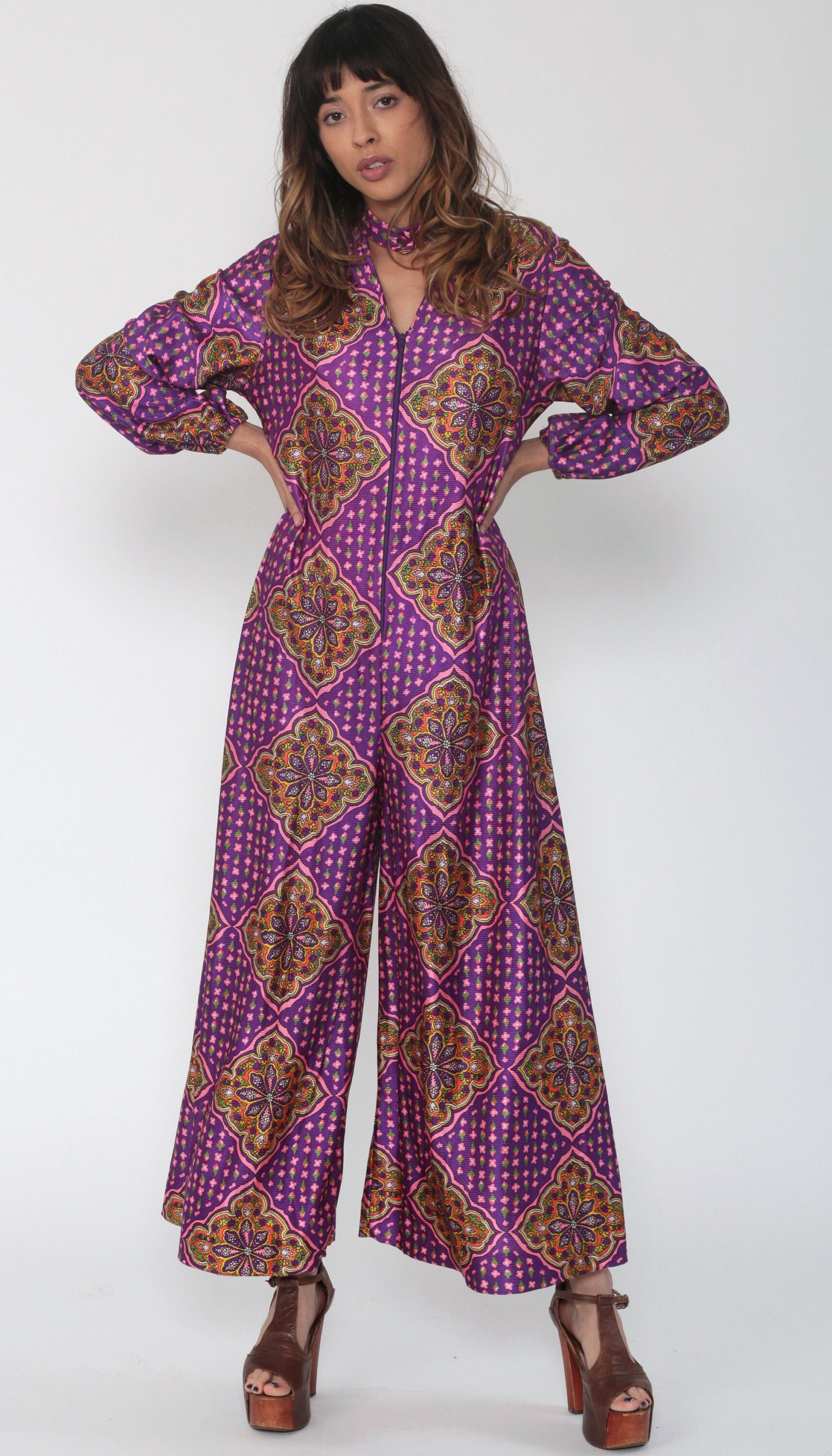 Psychedelic Jumpsuit 70s Boho Wide Leg Palazzo Jumpsuit Purple Hippie ...