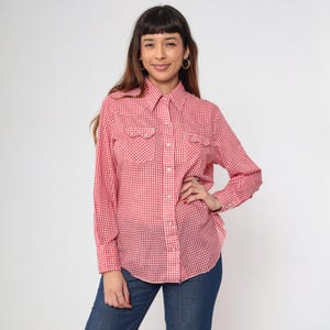 Vintage Red Western Gingham Shirt 80s Sawtooth Pocket Pearl Snap Checkered Top Yoke Rodeo Long Sleeve Button Up 1980s Cowgirl Blouse Large L
