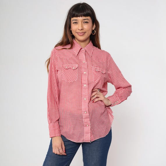 Vintage Red Western Gingham Shirt 80s Sawtooth Pocket Pearl Snap Checkered Top Yoke Rodeo Long Sleeve Button Up 1980s Cowgirl Blouse Large L