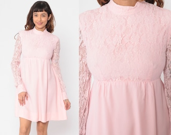 Pink Lace Babydoll Dress 60s 70s Mini Dress Long Sheer Sleeve Pastel High Neck Empire Waist Party Prom 1970s Vintage Romantic Small S