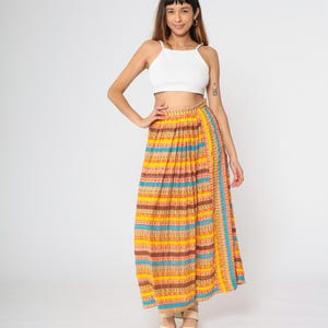 70s Striped Maxi Skirt Bright Abstract Floral Print 1970s Hippie Boho Festival High Waist Long Pink Yellow Bohemian Vintage Medium