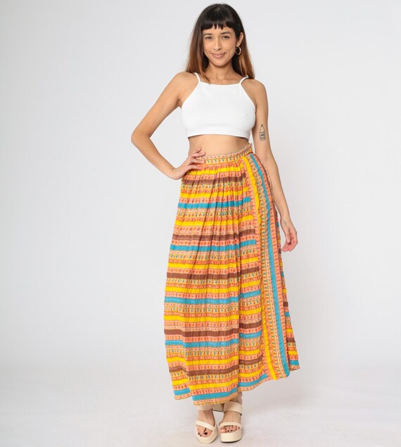 70s Striped Maxi Skirt Bright Abstract Floral Print 1970s Hippie Boho Festival High Waist Long Pink Yellow Bohemian Vintage Medium