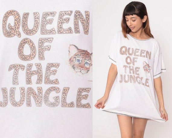 Tiger T-Shirt Dress 90s Queen of The Jungle Pajamas Cartoon Mini Nightie White Baby Animal Leopard Print Vintage 1990s Small Medium Large