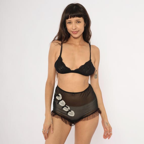 70s Sheer Black Panties High Waist Ruffle Trim Lace Applique Bow Detail Brief Vintage Lingerie Coquette Boudoir Pin Up Underwear Small S