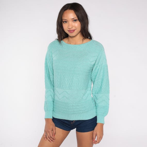 80s Mint Green Pointelle Knit Sweater Long Sleeve Lightweight Textured Pattern Crew Neck Acrylic Nylon Pastel Minimal Knitwear Medium M