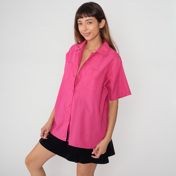 Pink Blouse 80s Button Up Shirt Plain Short Sleeve Top Preppy Basic Collared Minimalist Simple Solid Chest Pocket Vintage 1980s xl 18w