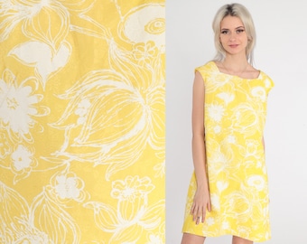 Yellow Floral Dress 60s Mod Mini Shift Dress White Flower Print Twiggy Day Sixties Sleeveless Minidress Vintage 1960s Alex Coleman Medium
