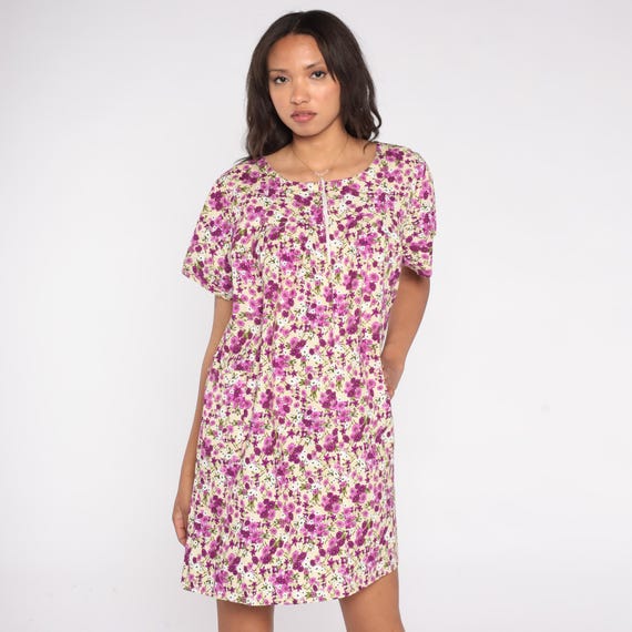 90s Ditsy Floral Zip Front Dress Purple Magenta White Rayon Pockets Knee Length Dress Lounge Daywear Cottagecore Floral Medium to Large M L