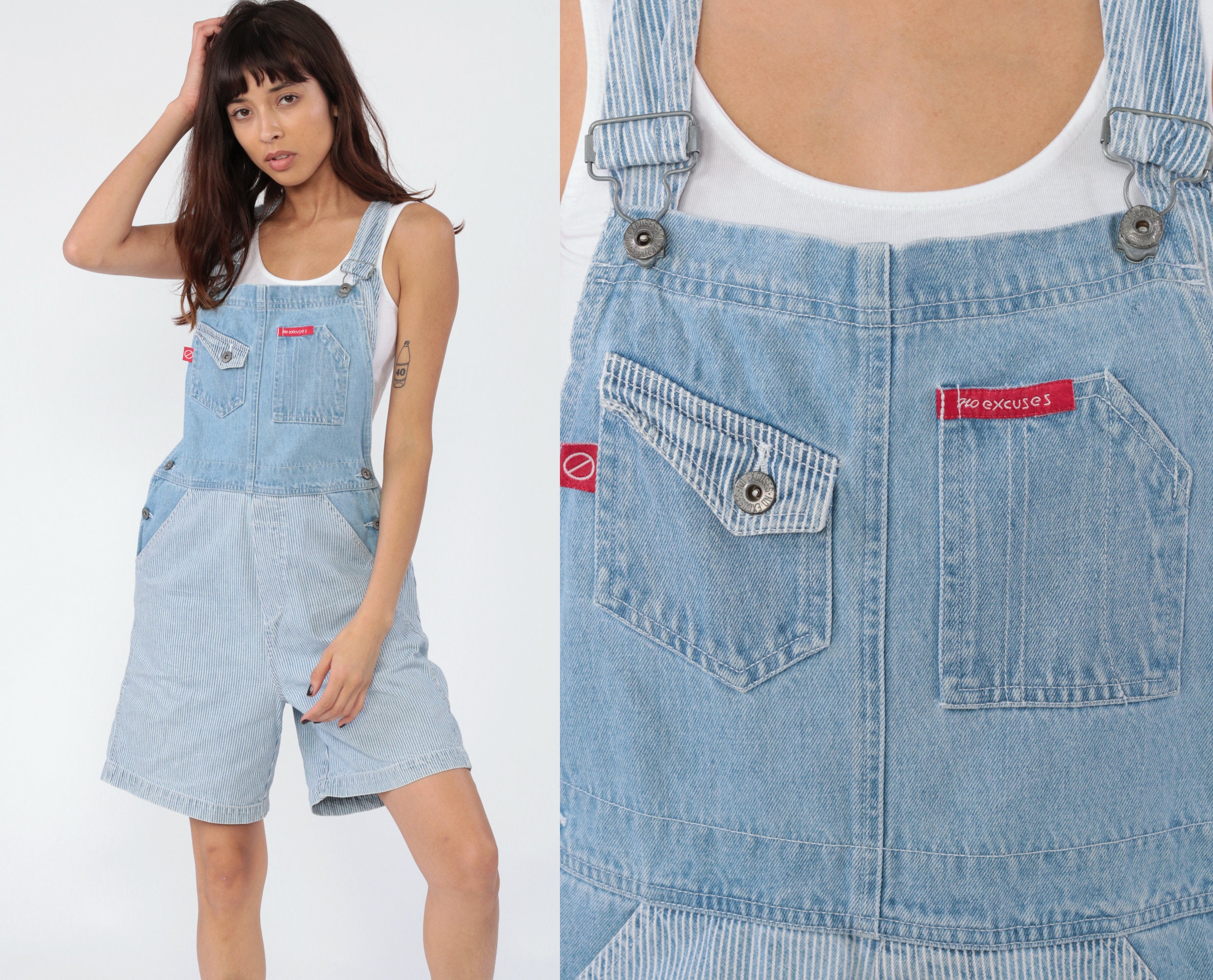 green and white striped overalls shorts