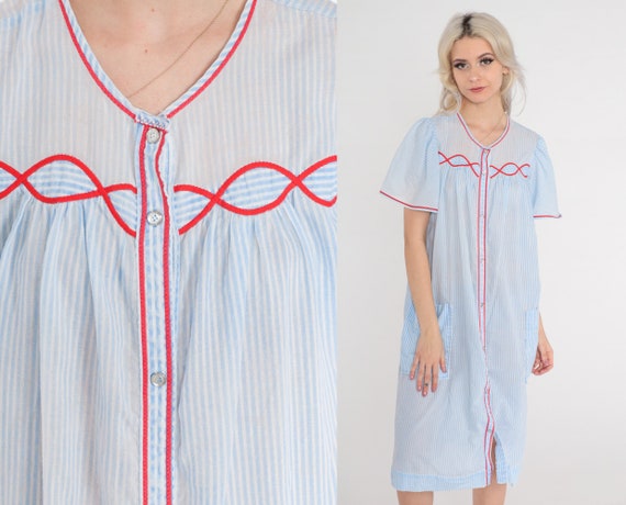 80s Lounge Dress Striped Baby Blue Pajama Puff Sleeve Loungewear Midi Boho Hippie Nightie Bohemian 1980s Button Up Vintage Red White Medium