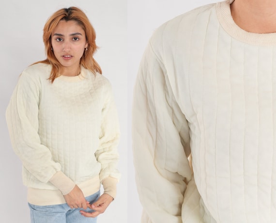 80s Quilted Jacket Liner 1980s Cream Jacket Pullover Jacket Lining Vintage Retro Crewneck Sweatshirt 1980s Work Wear Vintage Medium
