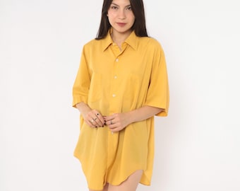 70s Mustard Yellow Button Up Shirt Cotton Short Sleeve Boxy Plain Collared Menswear Boyfriend Fit Gold Summer Top Plus Size Extra Large XL