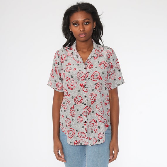 Button Up Shirt 90s Abstract Floral Print Shirt Button Up Shirt Short Sleeve Polka Dot Shirt Red Black Vintage Collared Small Medium