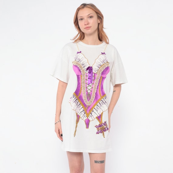 90s Corset Nightshirt Babydoll Print White Purple Lingerie Graphic Sleepwear Coquette Novelty Sleep Tee Mini Heart To Heart Vintage One Size