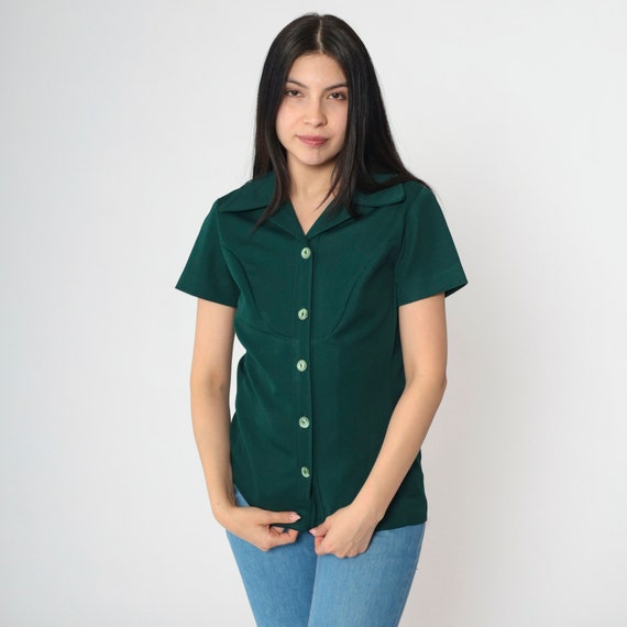 70s Green Western Shirt Vintage Button Up Yoke Detail Top Short Sleeve Retro Blouse Dagger Collar Plain Small S