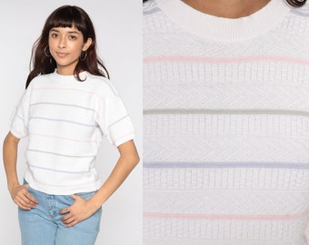 80s Knit Shirt White Pastel Striped Knit Blouse Short Sleeve Sweater Top Stripes Textured Retro Vintage 1980s Spring Medium M