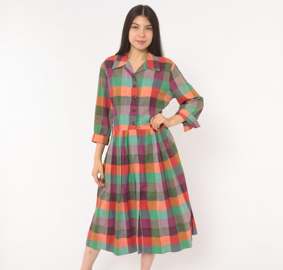 60s Multicolor Plaid Shirtdress Cotton Button Front Midi Collar Rolled Sleeve Purple Green Coral Gingham Check Prairie Cottagecore Colorful
