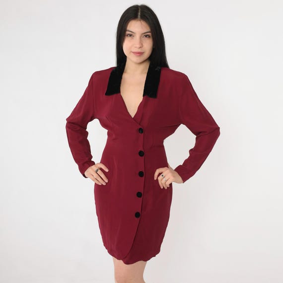Vintage Burgundy Mini Dress 90s Velvet Collar Asymmetrical Button up Sheath Dress Long Sleeve Dress Going Out Fitted Retro 1990s Small 5