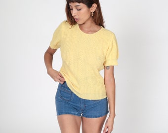 Yellow Knit T-shirt Vintage Yellow Top Thin Knit T-shirt