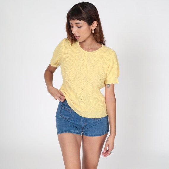 Yellow Knit Shirt 80s Short Sleeve Sweater Top Retro Boho Pastel Hippie Hipster Plain Normcore Cable Knit Vintage 1980s Small S