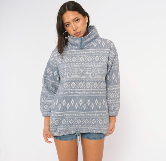 90s Fleece Pullover Blue White Fair Isle Print Quarter Zip Mock Neck Sweatshirt Nordic Snowflake Southwestern Long Sleeve Extra Small XS