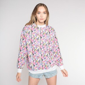 Abstract Print Sweatshirt 80s 90s Pullover Crewneck Statement Sweater Retro Streetwear Athleisure Pink Purple Yellow White Vintage Medium M image 4