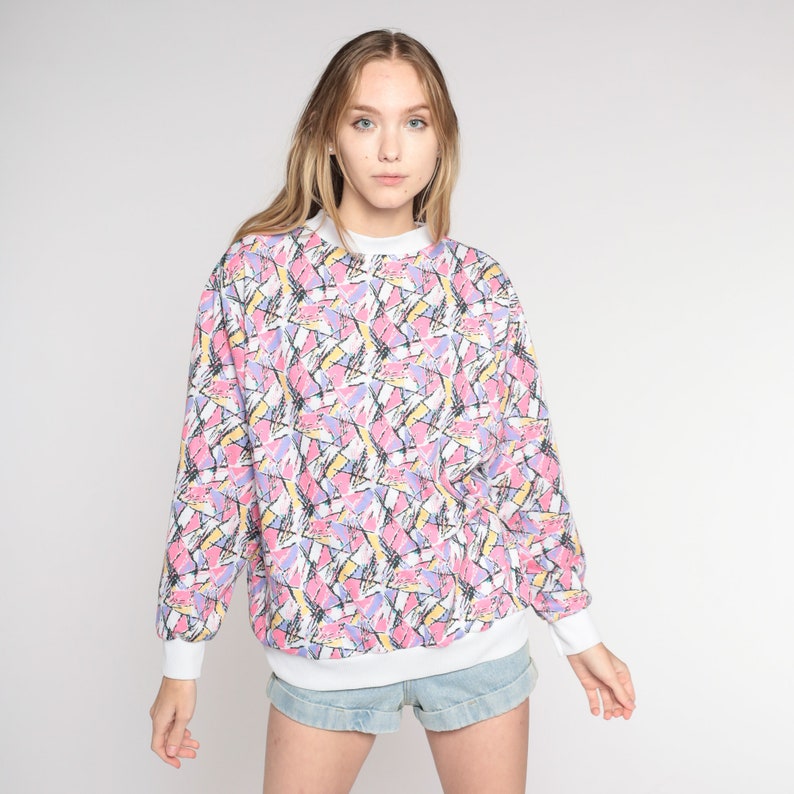 Abstract Print Sweatshirt 80s 90s Pullover Crewneck Statement Sweater Retro Streetwear Athleisure Pink Purple Yellow White Vintage Medium M image 4