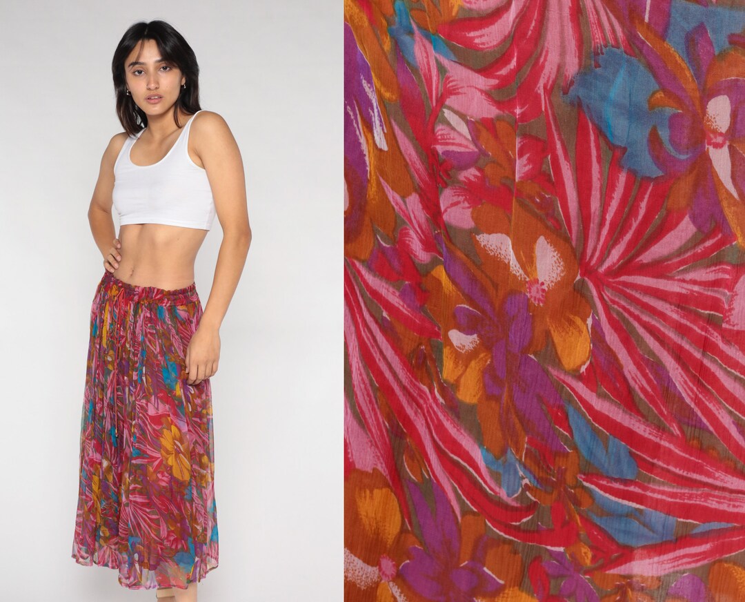 Floral Broomstick Skirt 90s Red Midi Skirt Bohemian Flowy Hippie