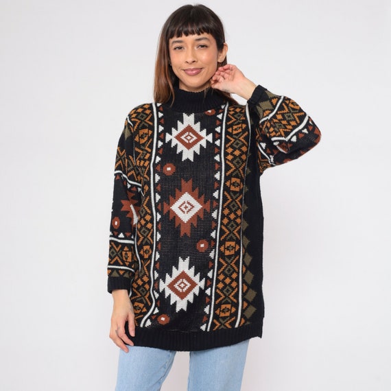 Southwestern Knit Sweater 80s Black Pullover Turtleneck Sweater Boho White Brown Southwest Print Turtle Neck Acrylic Vintage 1980s Large L