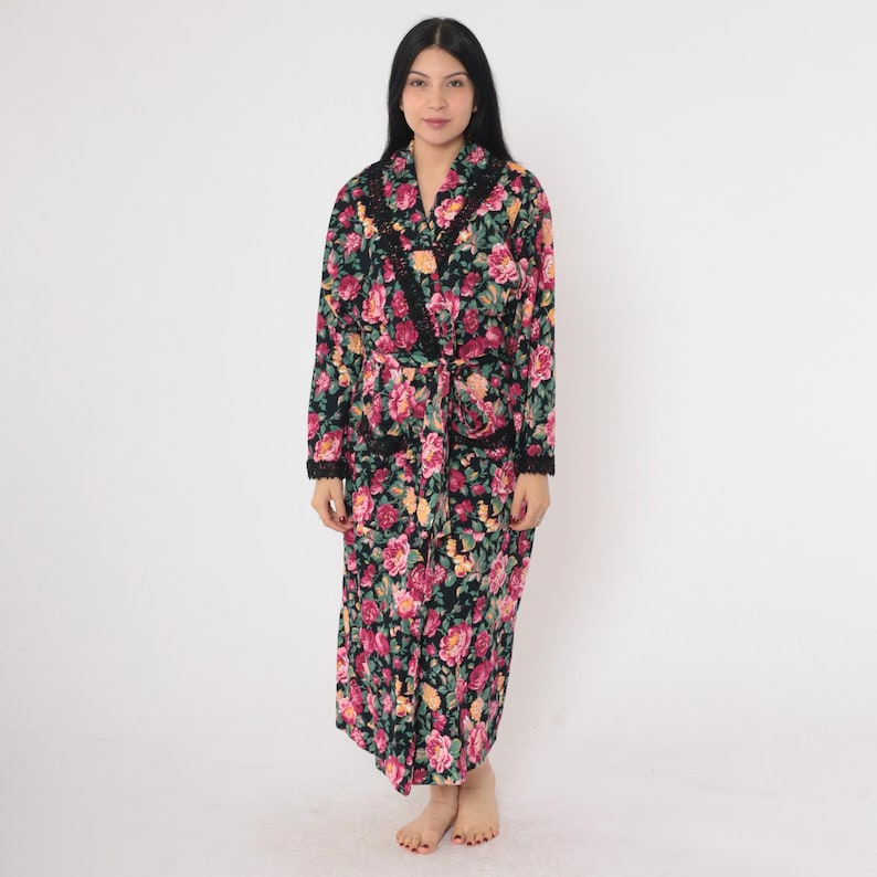 90s Victoria's Secret Robe Floral Dressing Gown Pink Black Lace Trim ...