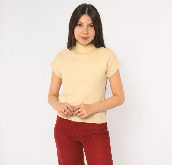 80s Beige Wool Top Cream Knit Short Sleeve Blouse Sweater Minimalist Off White Cropped Preppy Fall Autumn Winter Shirt Vintage Small S