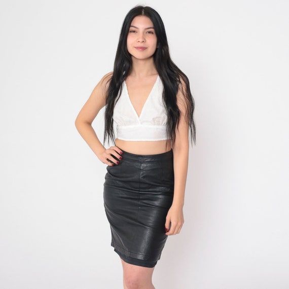 Black Leather Mini Skirt 80s Pencil Skirt Retro Glam Bodycon Wiggle Skirt Party Goth Punk High Waisted Tight Vintage 1980s Extra Small xs 25