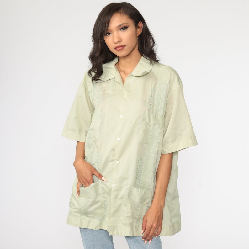 70s Oxford Shirt 2xl EMBROIDERED Shirt Light Green Shirt Cargo Pocket Button Up Shirt Short Sleeve 1970s Vintage Dagger Collar Men/'s xxl