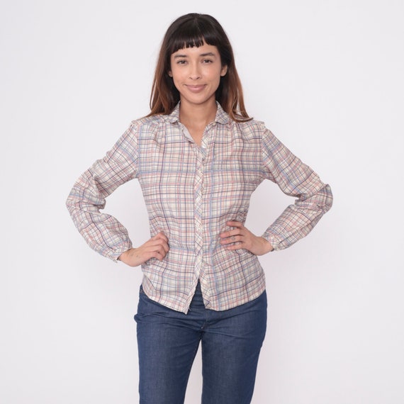 80s Plaid Blouse Pastel Button Up Shirt Checkered… - image 2