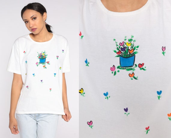 Floral Heart Shirt 90s Flower Pot T Shirt Retro Boho Hippie Graphic Tee Tulip Print Spring Summer Hipster 1990s Vintage Single Stitch Medium