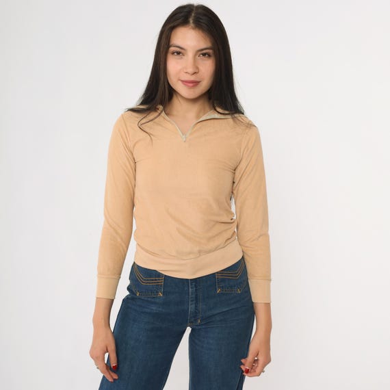 Vintage Tan Velour Shirt 80s Fleece Quarter Zip Pullover Sweatshirt Long Sleeve 1980s Retro Top Plain Athletic Jumper xxs 2xs