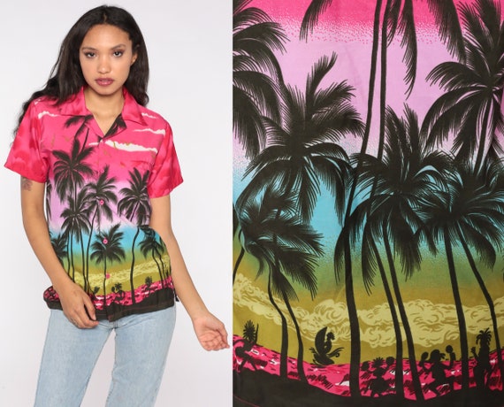 80s Hawaiian Shirt Palm Tree Luau Dancer Sunset P… - image 1