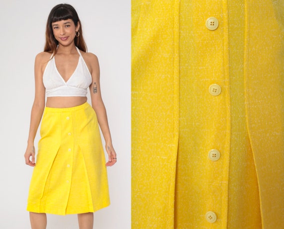 Yellow 70s Skirt Button Up Pleated Midi Skirt Fle… - image 1