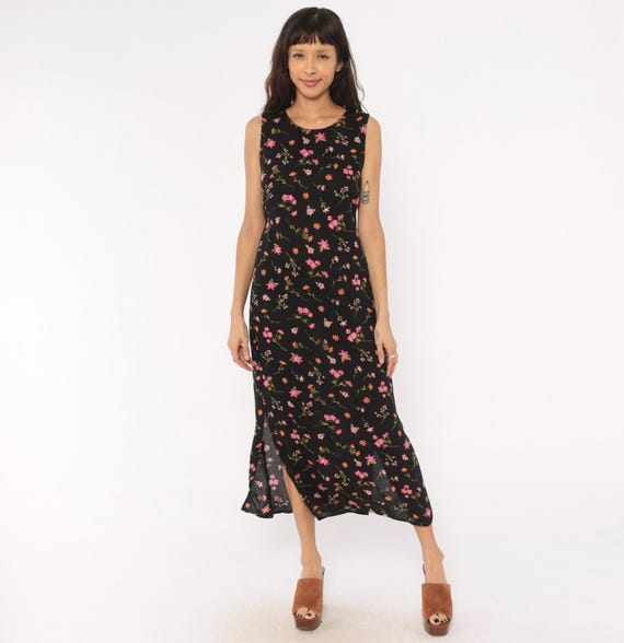 90s Black Floral Maxi Dress Sleeveless Pink Orange Ditsy Print Tie Back Column Summer Prairie Cottagecore Soft Grunge Indie Gothic Small S
