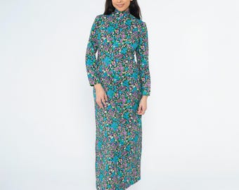 Vintage 70s Blue Floral Maxi Dress High Mock Neck Long Sleeve Straight Cut Boho Retro Column Dress Romantic Retro Small S