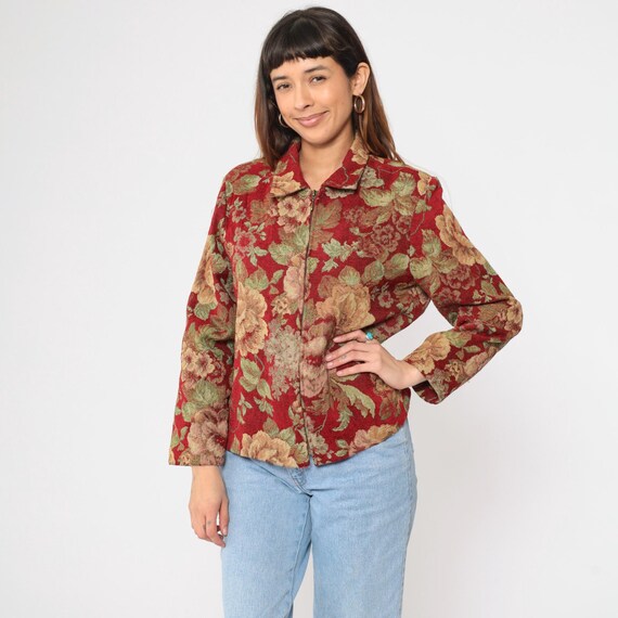 Red Floral Tapestry Jacket Vintage Y2K Zip Up Blazer Woven Flower Print Boho Hippie Coat Bohemian Shabby Chic Shirt 00s Medium Large