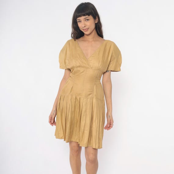 80s Gold Sundress Puff Sleeve Yellow Mustard Golden Wrap Tie Waist Pleated Cottagecore Prairie Button Back Summer Spring Vintage Small S