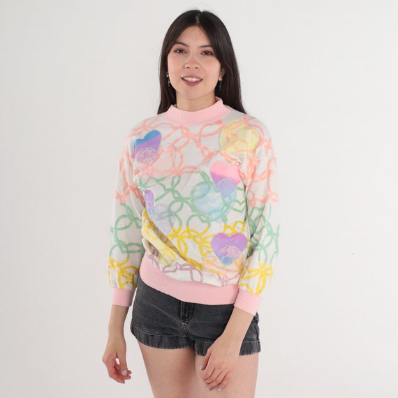Glitter Heart Sweatshirt 90s Sparkly Pullover Mock Neck Sweatshirt Floral Lace Patch White Pink Ringer Sweater Yellow Vintage 1990s 2XS xs