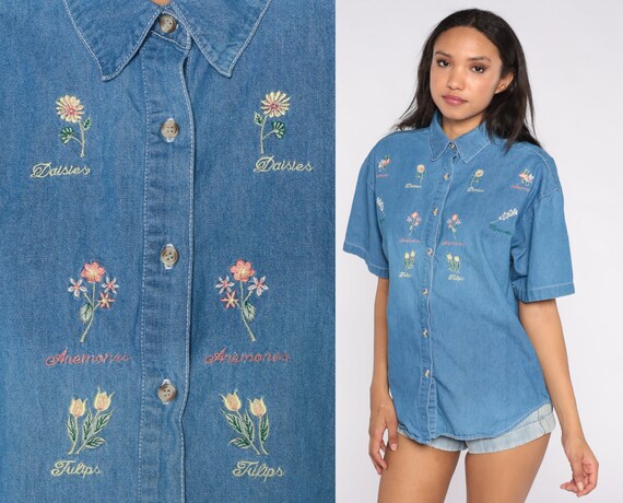 Floral Denim Shirt 90s Embroidered Jean 